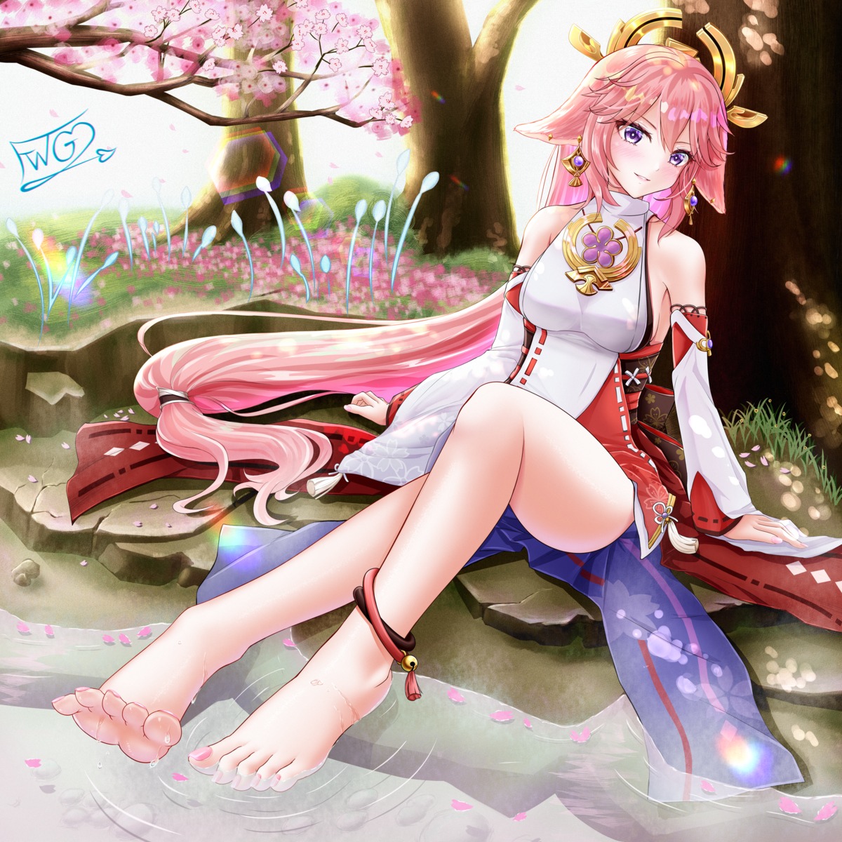 animal_ears feet genshin_impact japanese_clothes kitsune tagme wet yae_miko