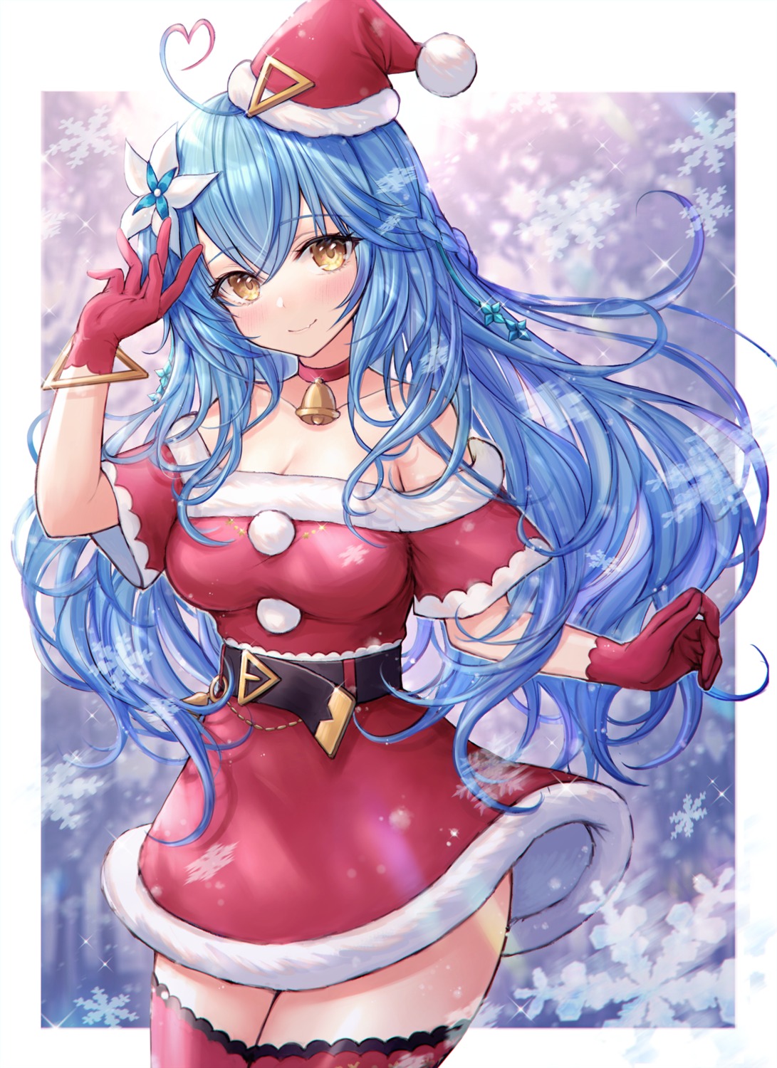 christmas cleavage dress hololive mirukurim skirt_lift thighhighs yukihana_lamy