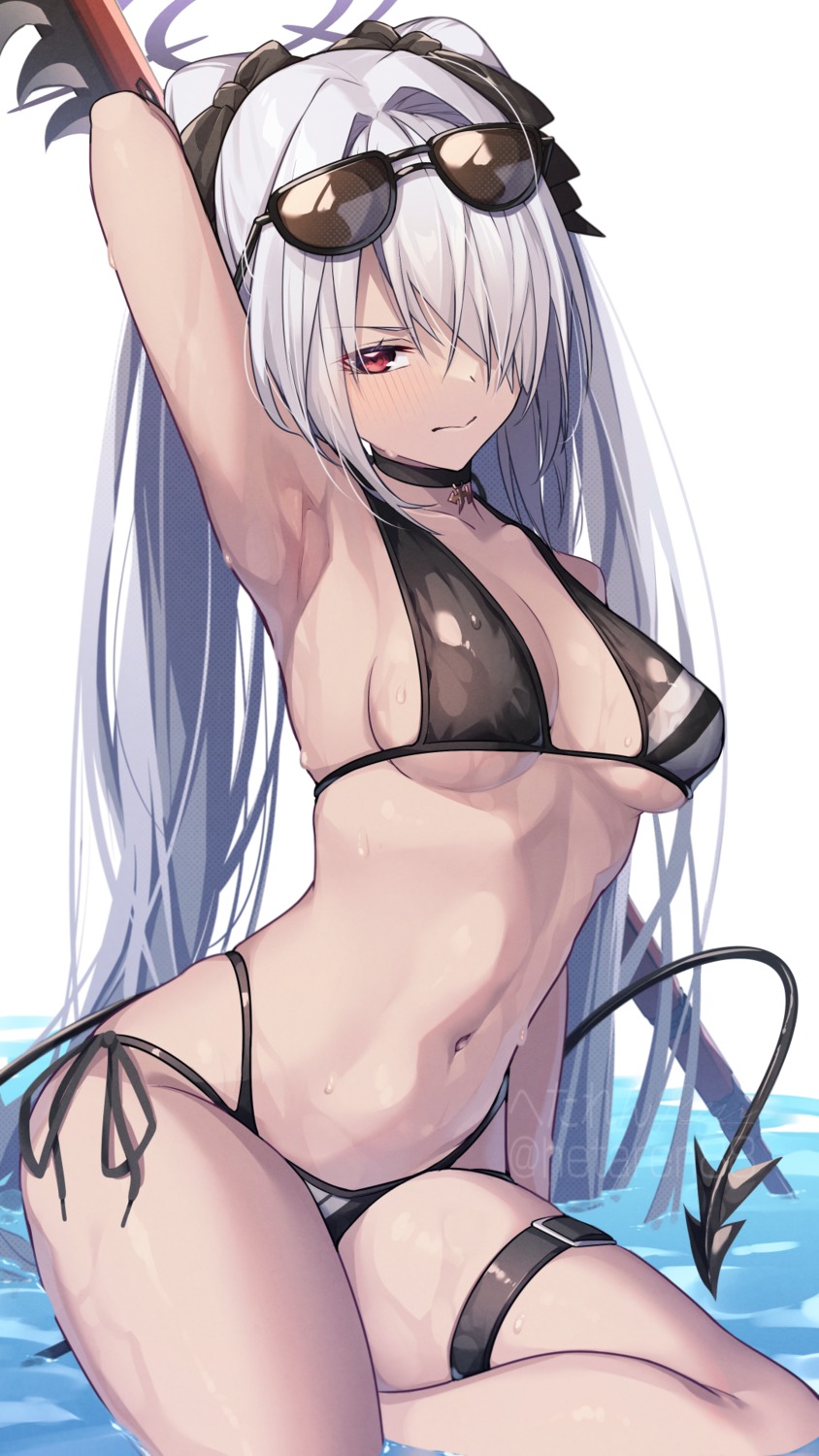 bikini blue_archive garter halo hetaren_(ramark) megane shiromi_iori swimsuits tail wet