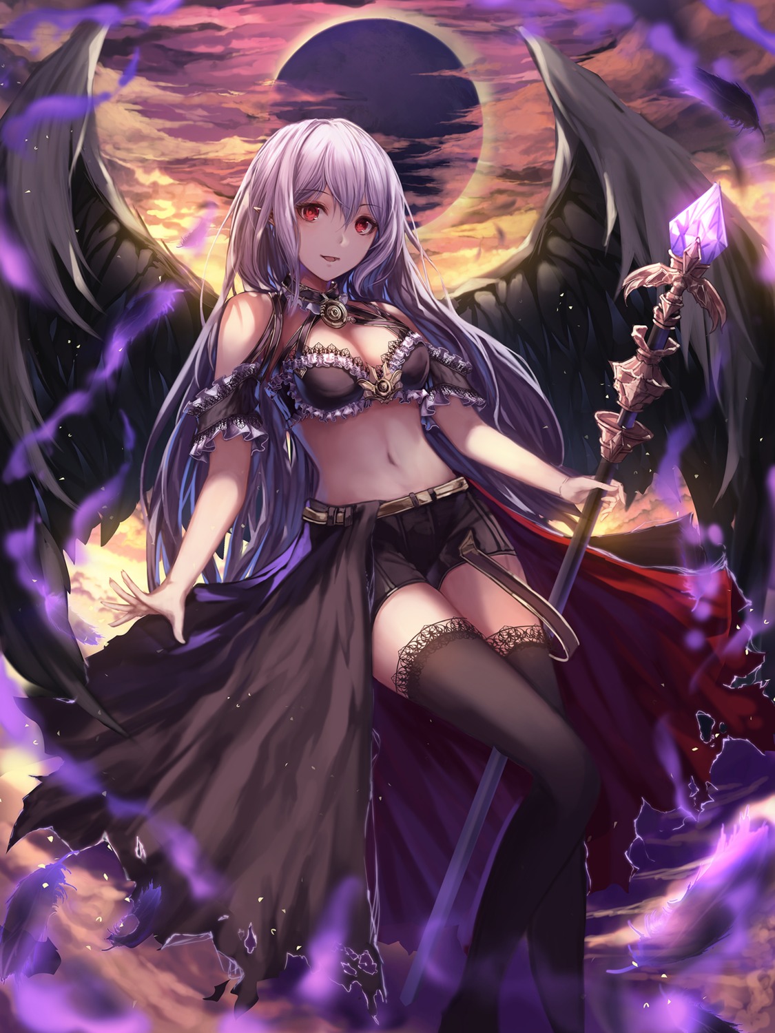 cleavage pointy_ears thighhighs torn_clothes weapon wings yohaku