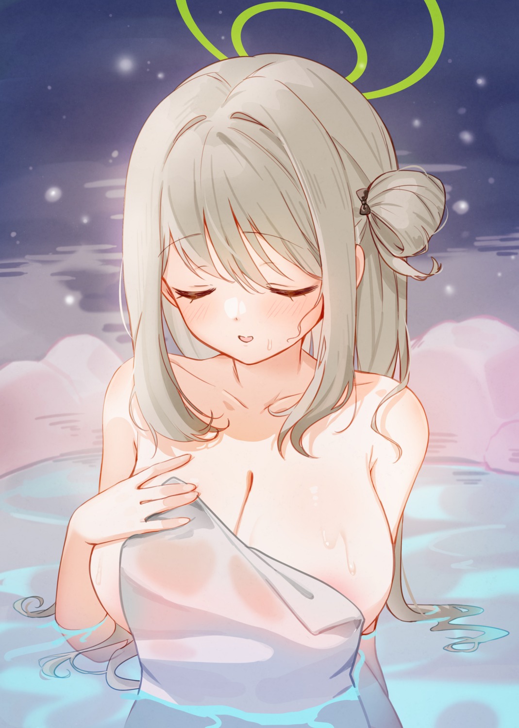 areola ash_(cat7evy) bathing blue_archive halo izayoi_nonomi onsen see_through topless towel wet