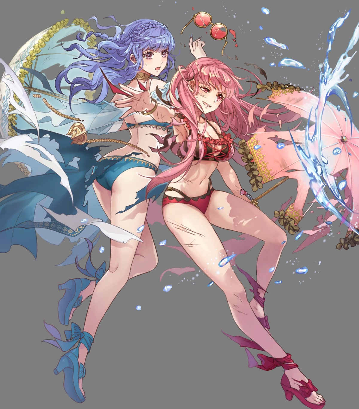 ass bikini cleavage fire_emblem fire_emblem_three_houses heels hilda_valentine_goneril marianne_von_edmund megane niji_hayashi nintendo see_through swimsuits torn_clothes umbrella