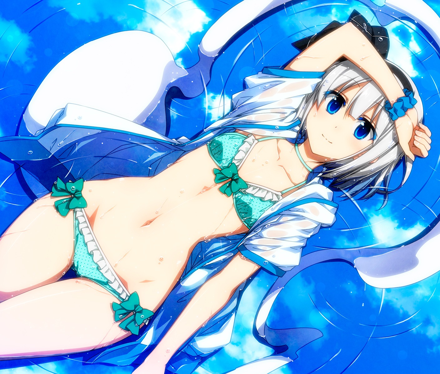 bikini cameltoe konpaku_youmu myon open_shirt sazanami_mio swimsuits touhou wet wet_clothes