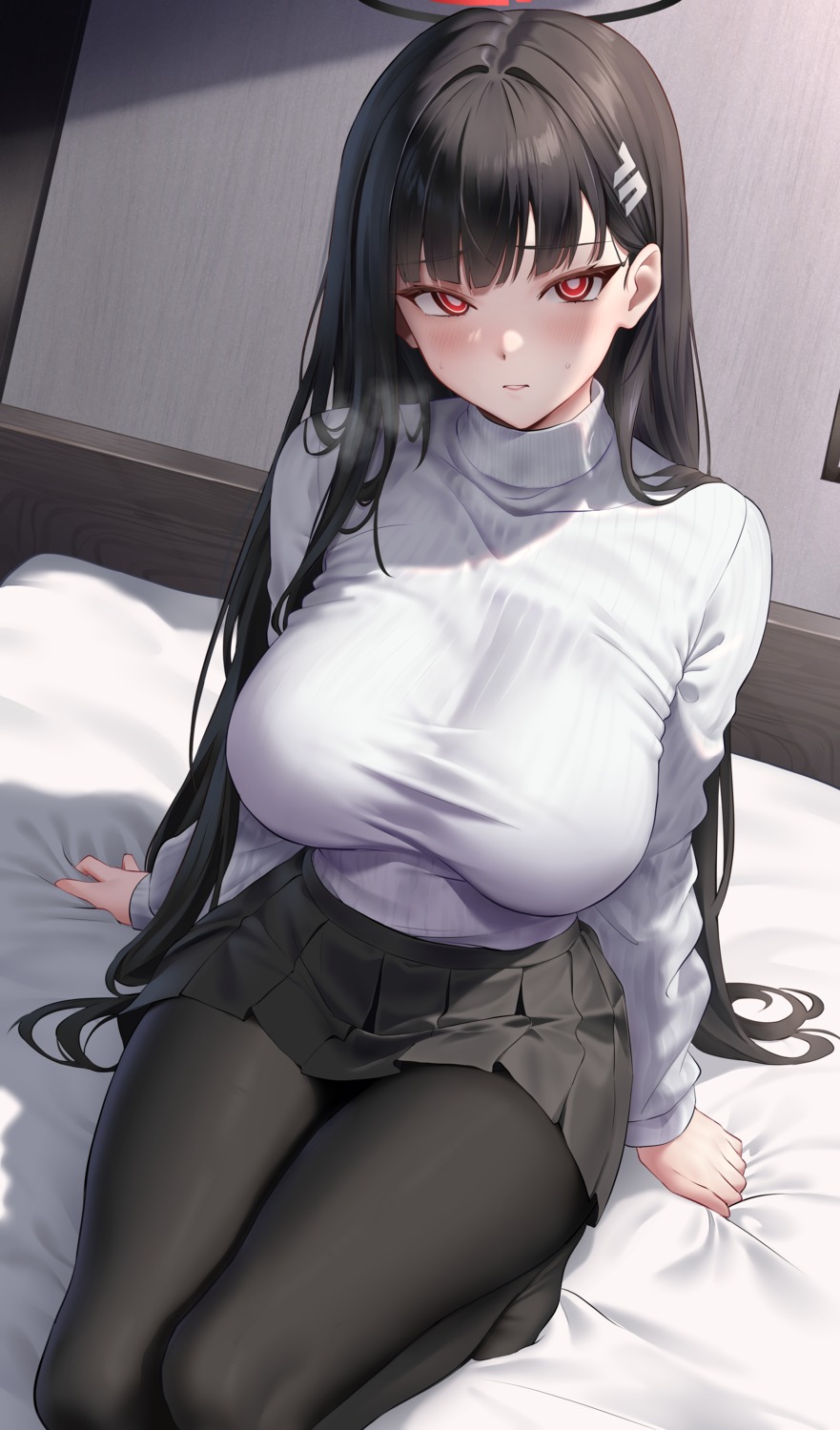 blue_archive halo hirahiragi_(h1rqg1) pantyhose sweater tsukatsuki_rio