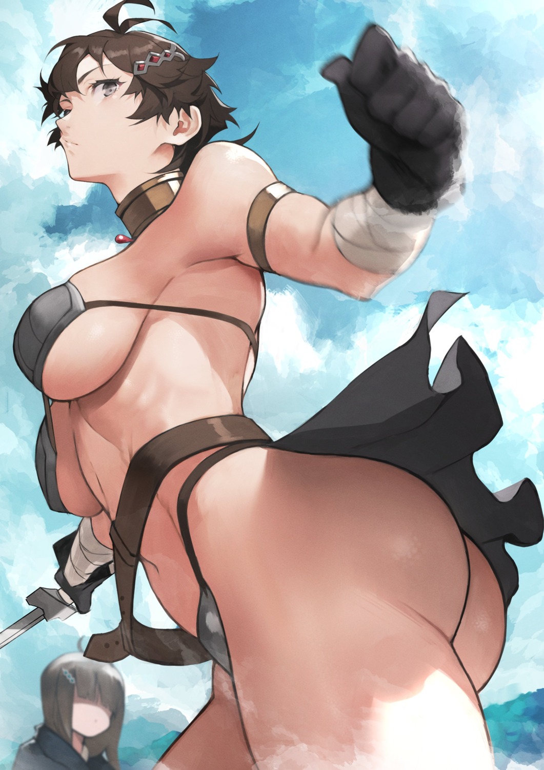 armor ass bandages bikini_armor mushoku_tensei sherra skirt_lift sword thong vierra yoshio_(55level)