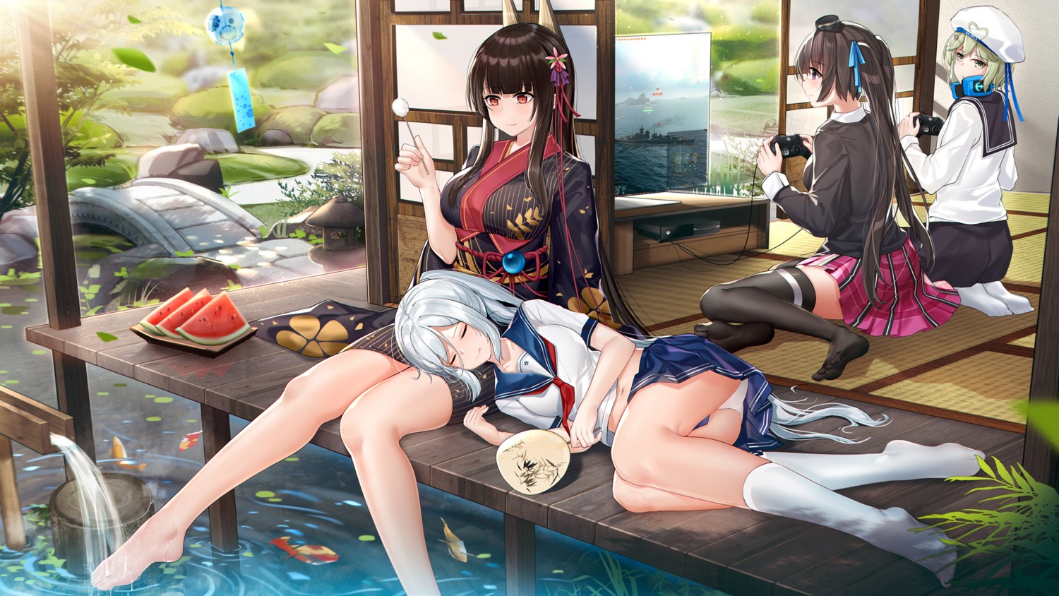 akagi_(zhanjianshaonv) animal_ears feet garter headphones japanese_clothes pantsu seifuku skirt_lift stardust_(chen'ai_weiding) thighhighs wet yuri zhanjianshaonv