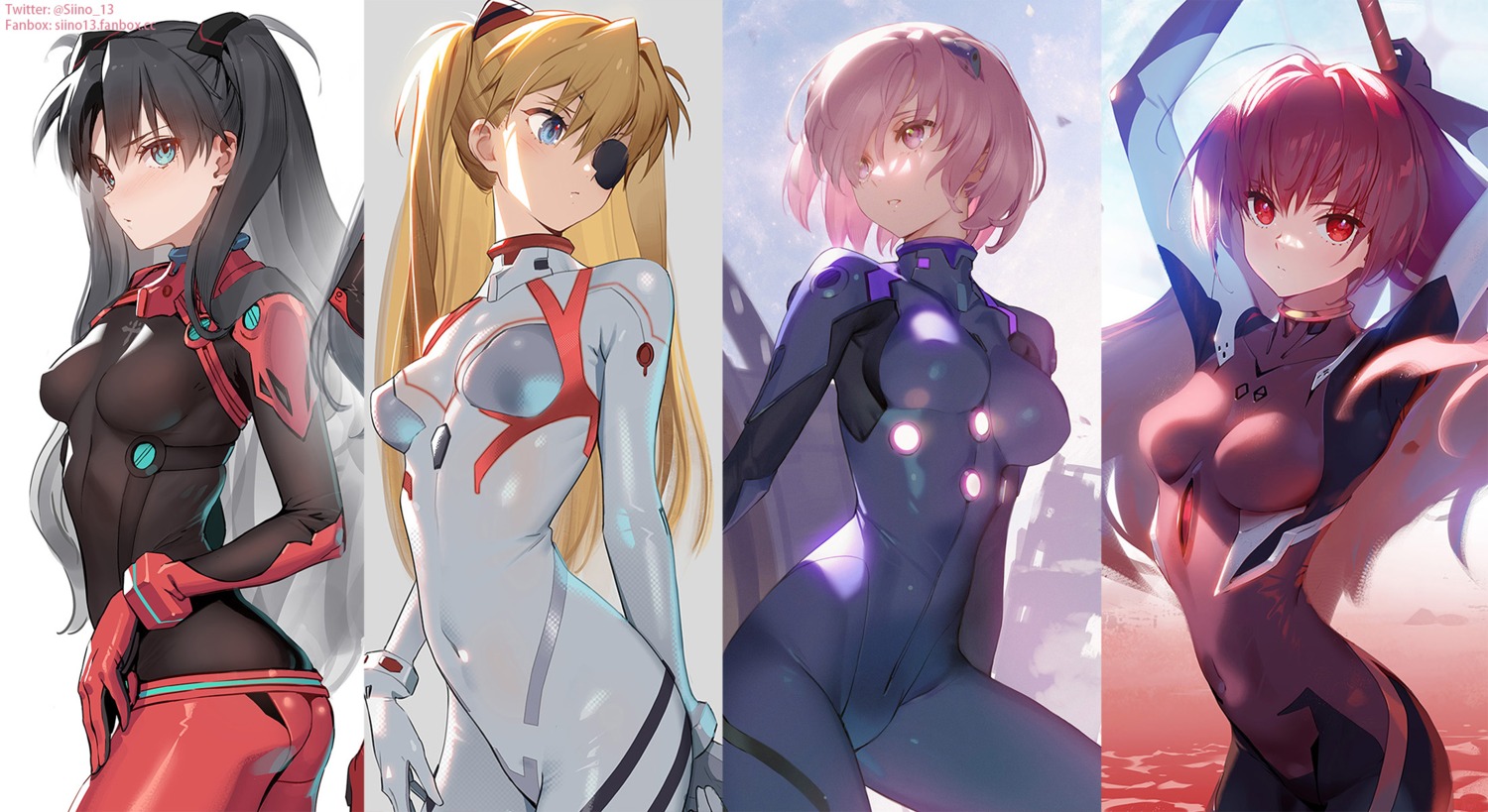ass ayanami_rei bodysuit cosplay crossover eyepatch fate/grand_order fate/stay_night mash_kyrielight neon_genesis_evangelion scathach_(fate/grand_order) siino souryuu_asuka_langley toosaka_rin
