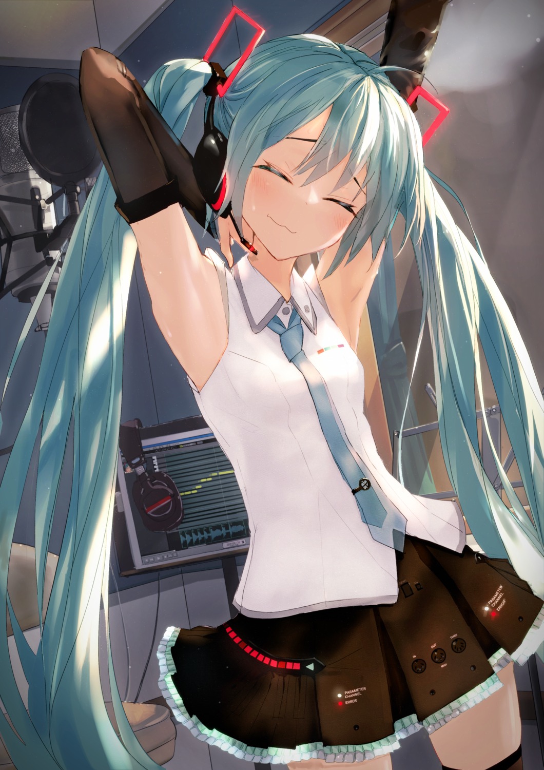 chamu_(chammkue) hatsune_miku headphones skirt_lift thighhighs vocaloid