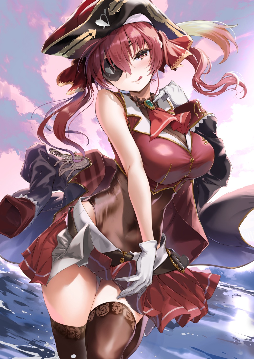 eyepatch hololive houshou_marine leotard nylon pirate skirt_lift thighhighs