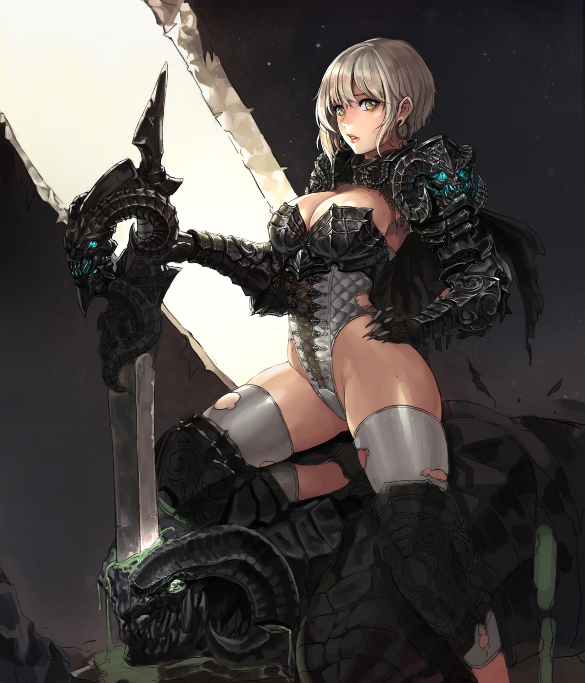 armor blood cleavage daeho_cha horns sword thighhighs torn_clothes weapon