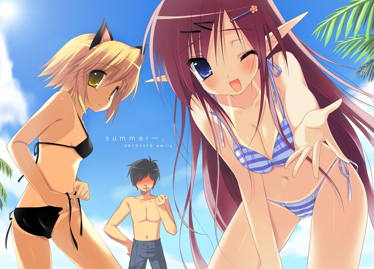 animal_ears ass bikini cleavage elf emily nekomimi pointy_ears swimsuits tan_lines