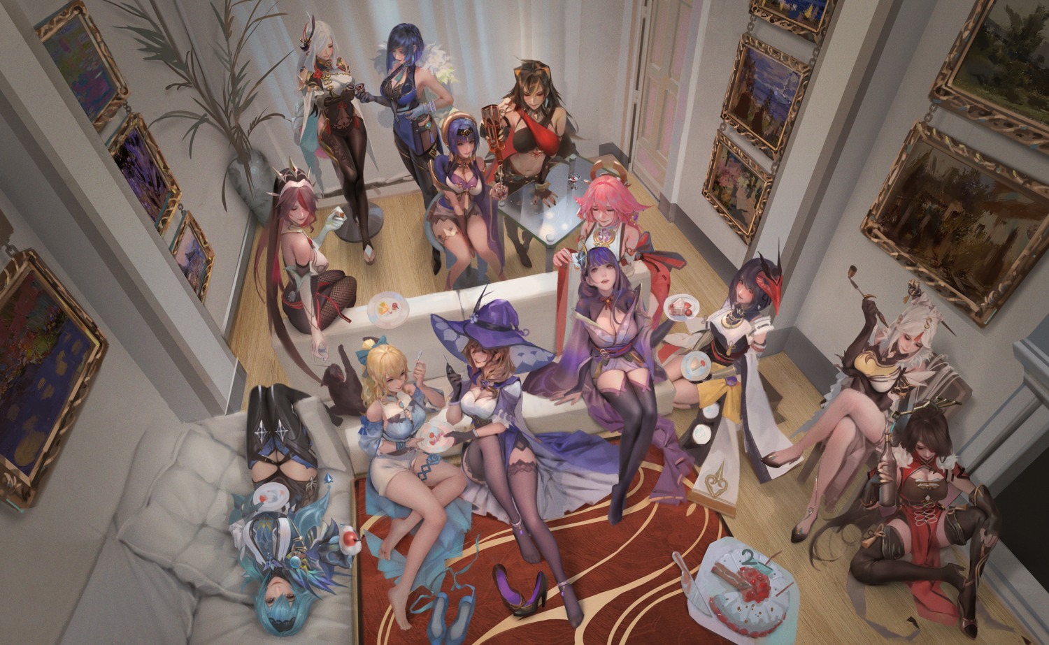 asian_clothes beidou bodysuit candace dehya detexted eula fishnets garter genshin_impact goblin heels japanese_clothes jean_(genshin_impact) kitsune kujou_sara lisa_(genshin_impact) ningguang no_bra open_shirt pantyhose raiden_shogun rosaria shenhe smoking thighhighs witch yae_miko yelan