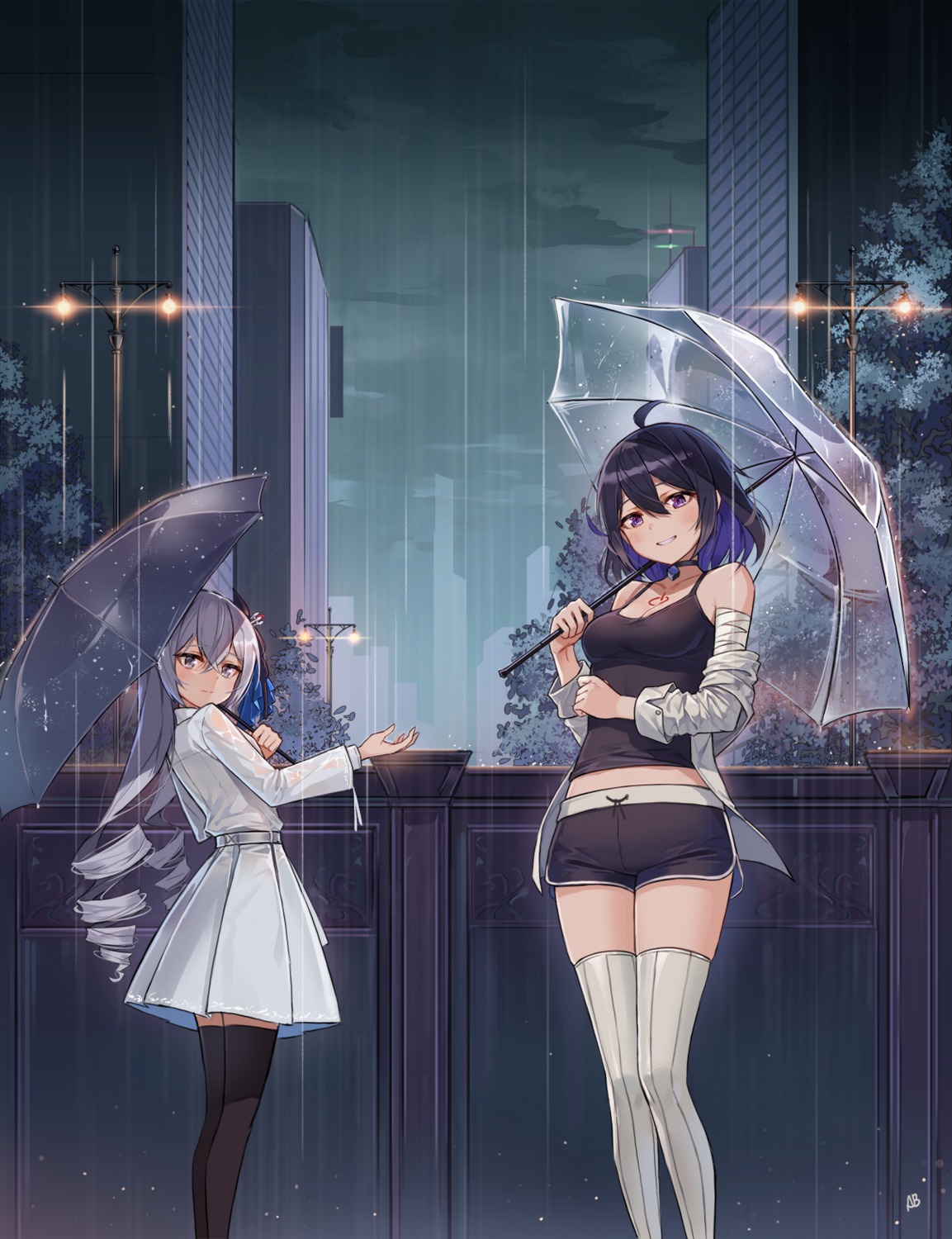 aliceblue bandages benghuai_xueyuan cleavage see_through tattoo thighhighs umbrella wet_clothes