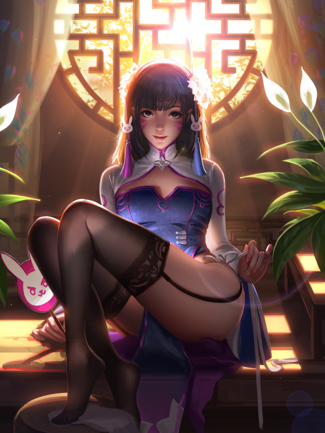 chinadress d.va liang_xing no_bra overwatch stockings tattoo thighhighs