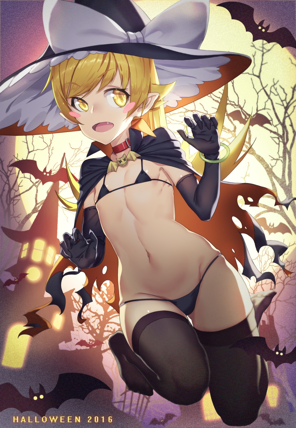 bakemonogatari bikini halloween loli madyy monogatari_(series) oshino_shinobu pointy_ears swimsuits thighhighs witch