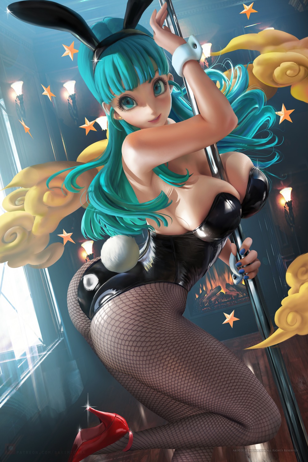 animal_ears ass bulma bunny_ears bunny_girl dragon_ball fishnets heels no_bra pantyhose sakimichan tail