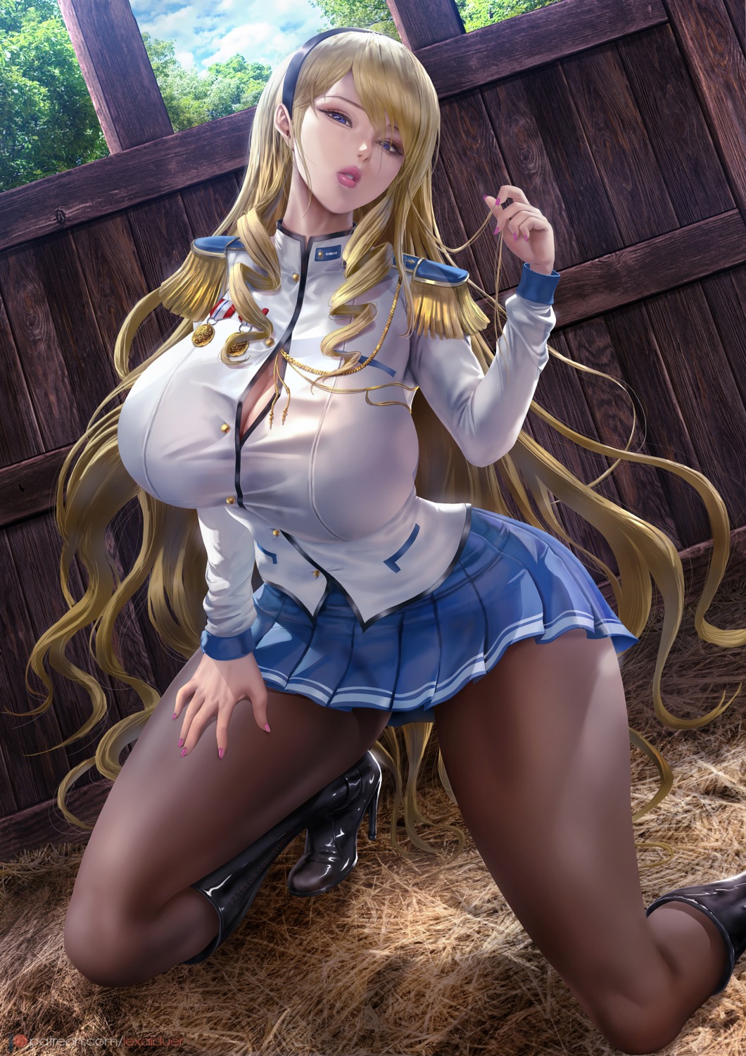 celia_cumani_aintree cleavage heels lexaiduer open_shirt pantyhose uniform walkure_romanze