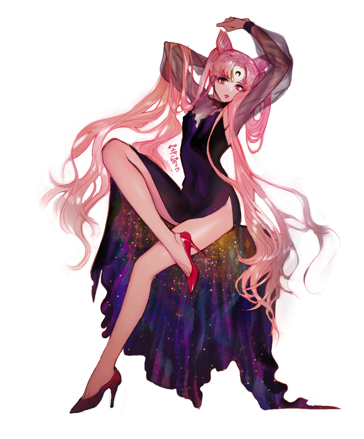 black_lady chibiusa cleavage dress heels pigeon_(666pigeon) sailor_moon see_through