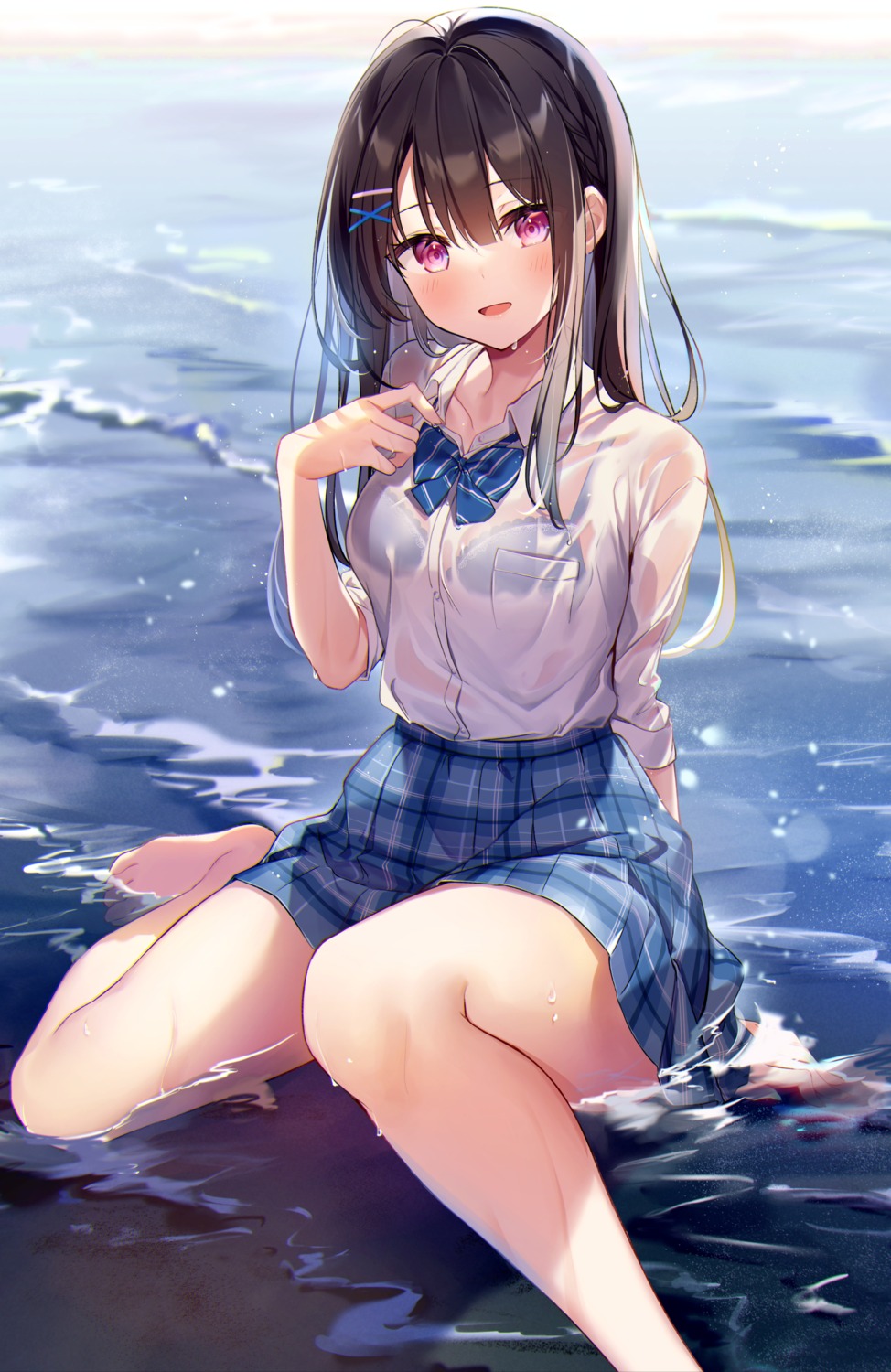 bra kisaragi_yuri see_through seifuku skirt_lift tachibana_sara_(kisaragi_yuri) wet wet_clothes