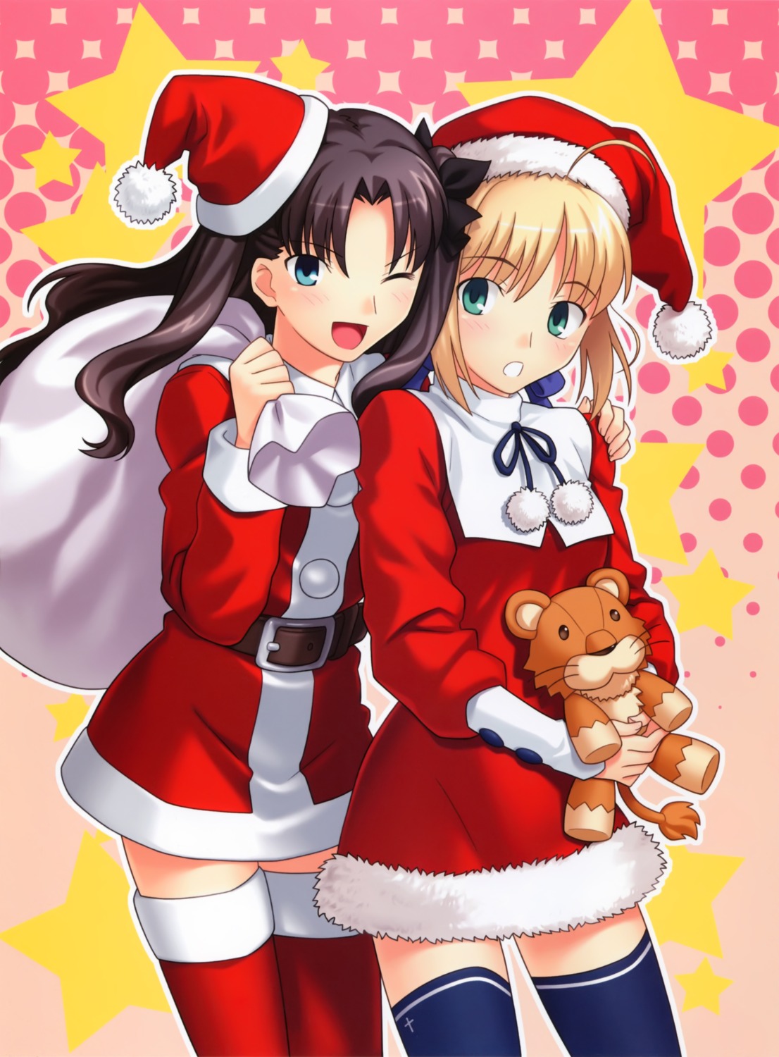 christmas fate/stay_night higurashi_ryuuji saber thighhighs toosaka_rin type-moon