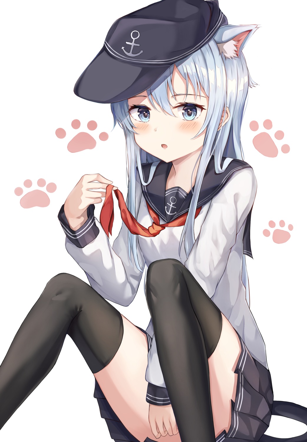 animal_ears hibiki_(kancolle) kantai_collection nekomimi seifuku skirt_lift tail thighhighs zeroillya