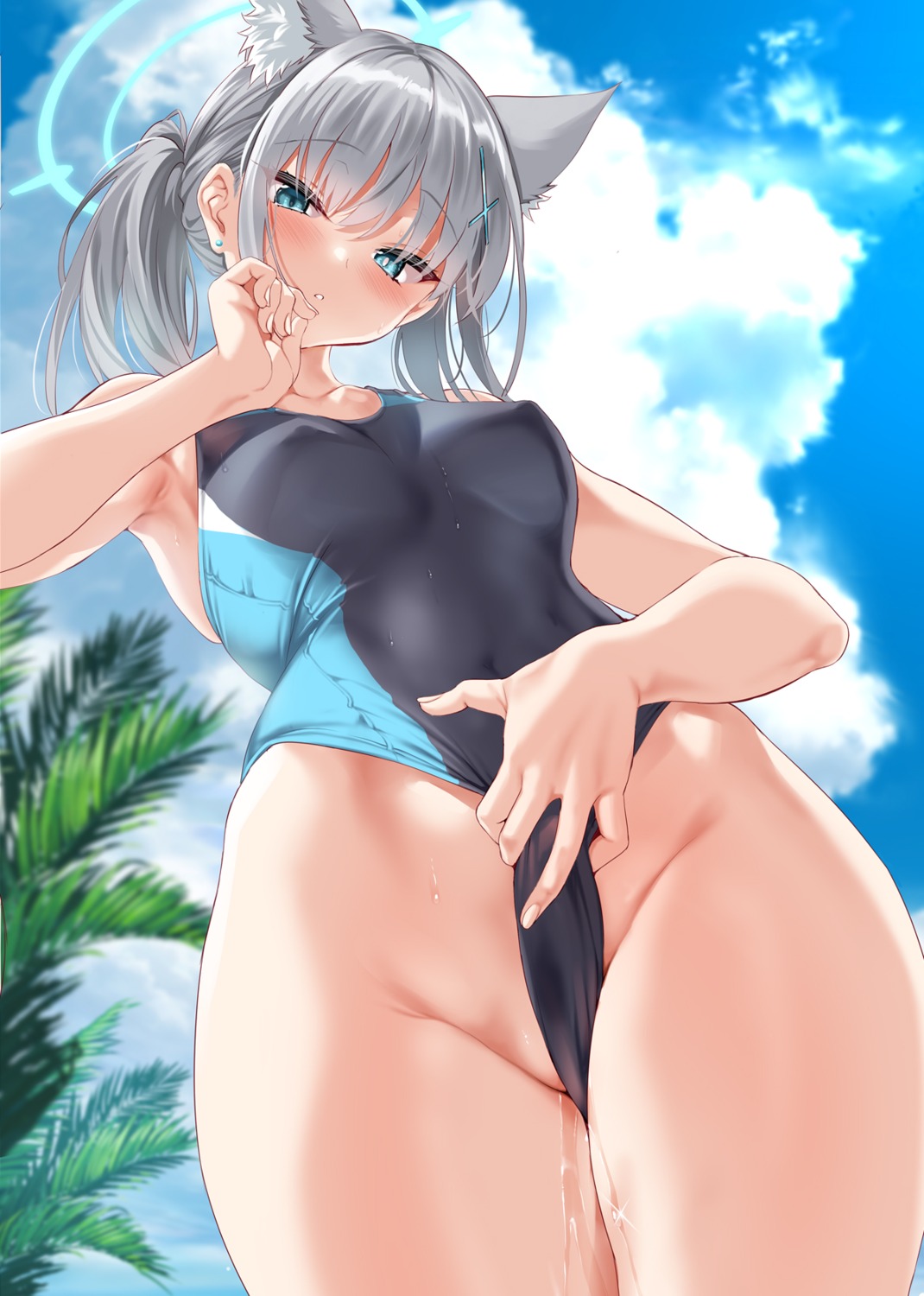 animal_ears blue_archive cle_masahiro erect_nipples halo nekomimi pussy_juice sunaookami_shiroko swimsuits wet