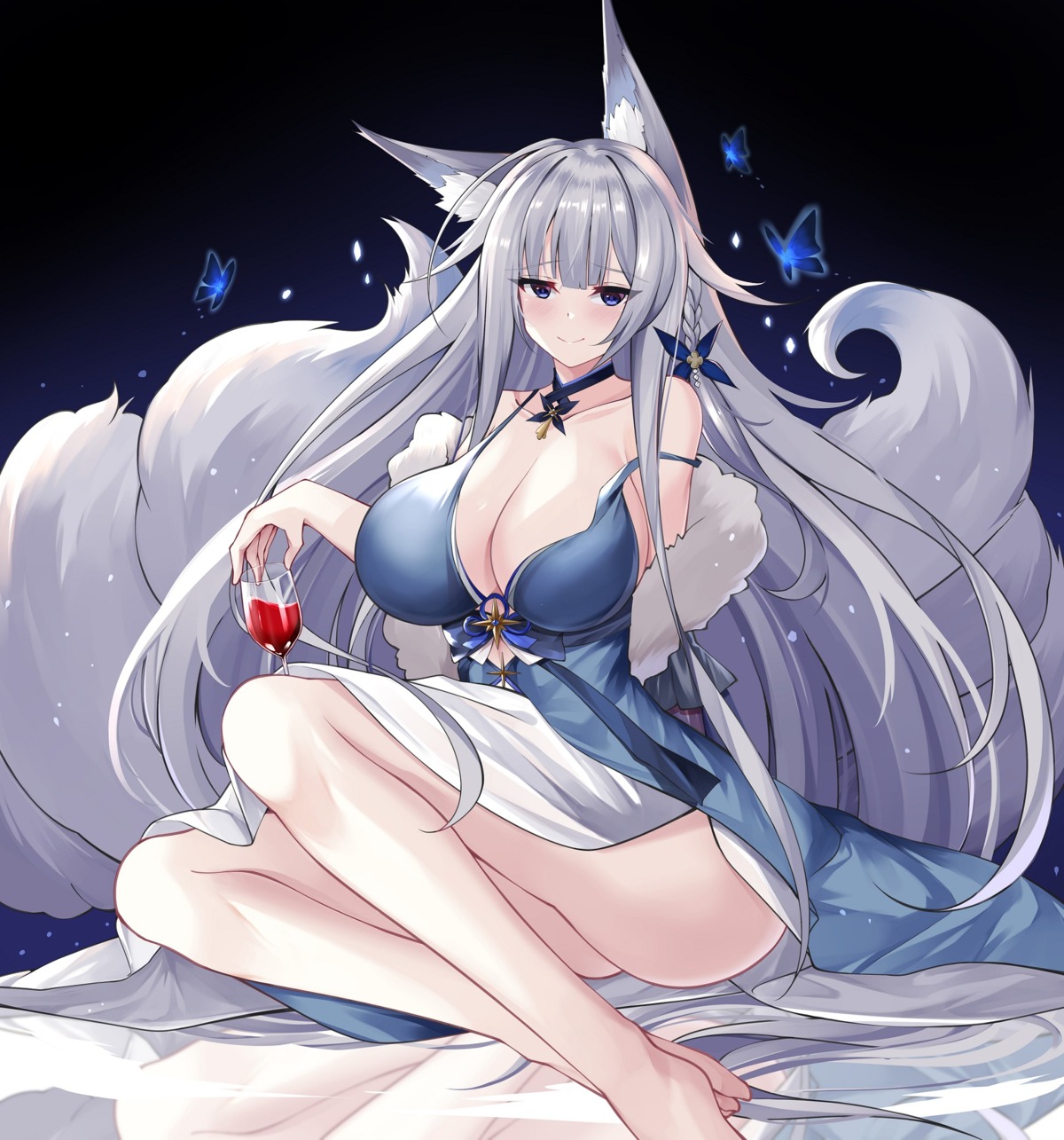 animal_ears azur_lane japanese_clothes kitsune no_bra nopan shinano_(azur_lane) skirt_lift tail yan_lie