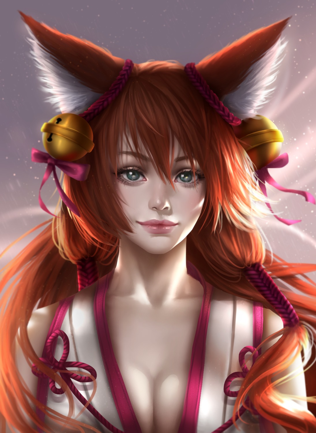 animal_ears cleavage cysh kitsune miko no_bra rena_illusion