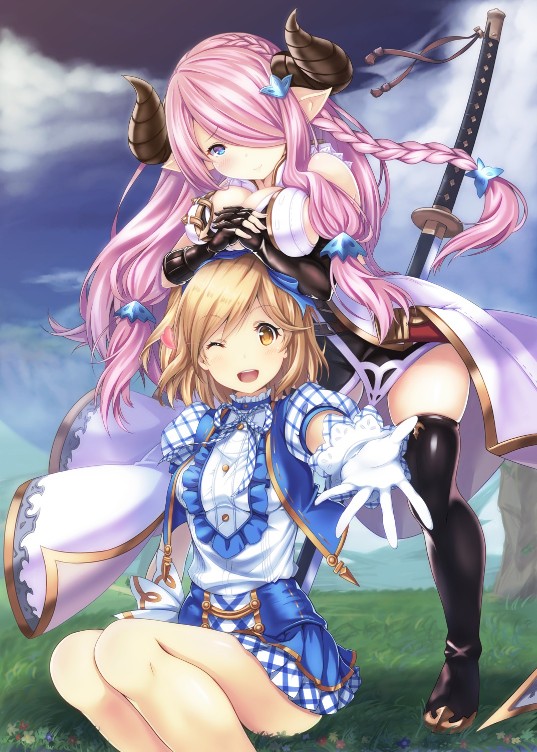 cleavage djeeta_(granblue_fantasy) granblue_fantasy horns narumeia_(granblue_fantasy) pointy_ears sekki_moka sword thighhighs