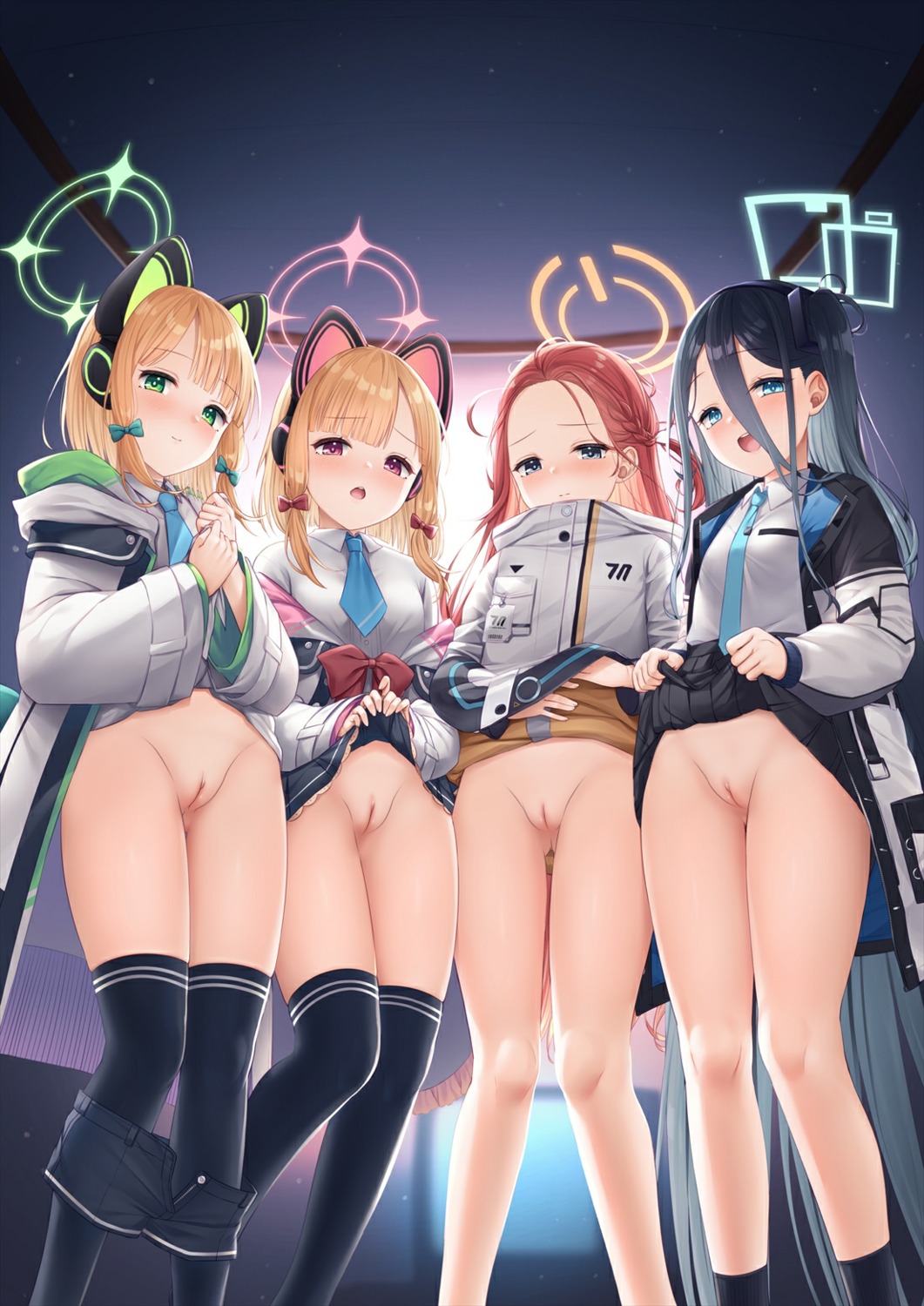 animal_ears blue_archive halo hanaoka_yuzu headphones loli nekomimi nopan photoshop pussy saiba_midori saiba_momoi seifuku skirt_lift tendou_arisu thighhighs uncensored wakuta_chisaki