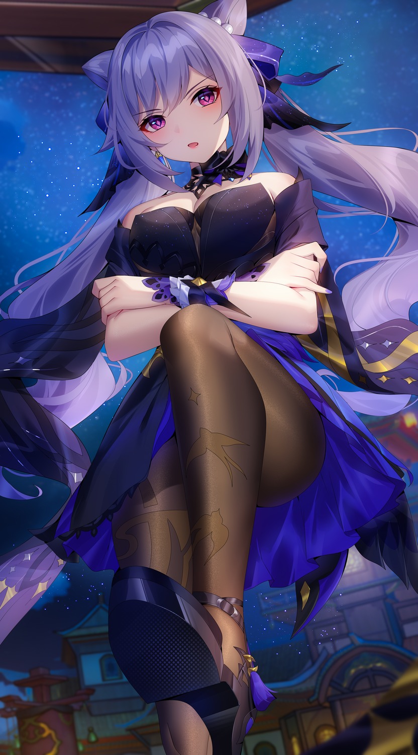 cleavage dress genshin_impact heels keqing no_bra pantyhose skirt_lift wu_ganlan_cai