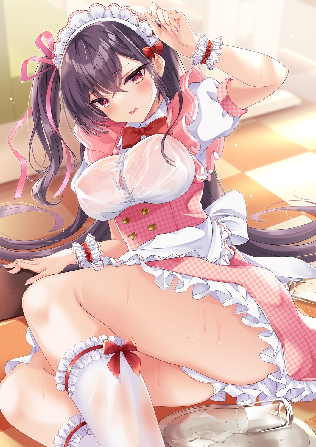 akatsuki_(aktk511) bra maid pantsu see_through skirt_lift wet_clothes