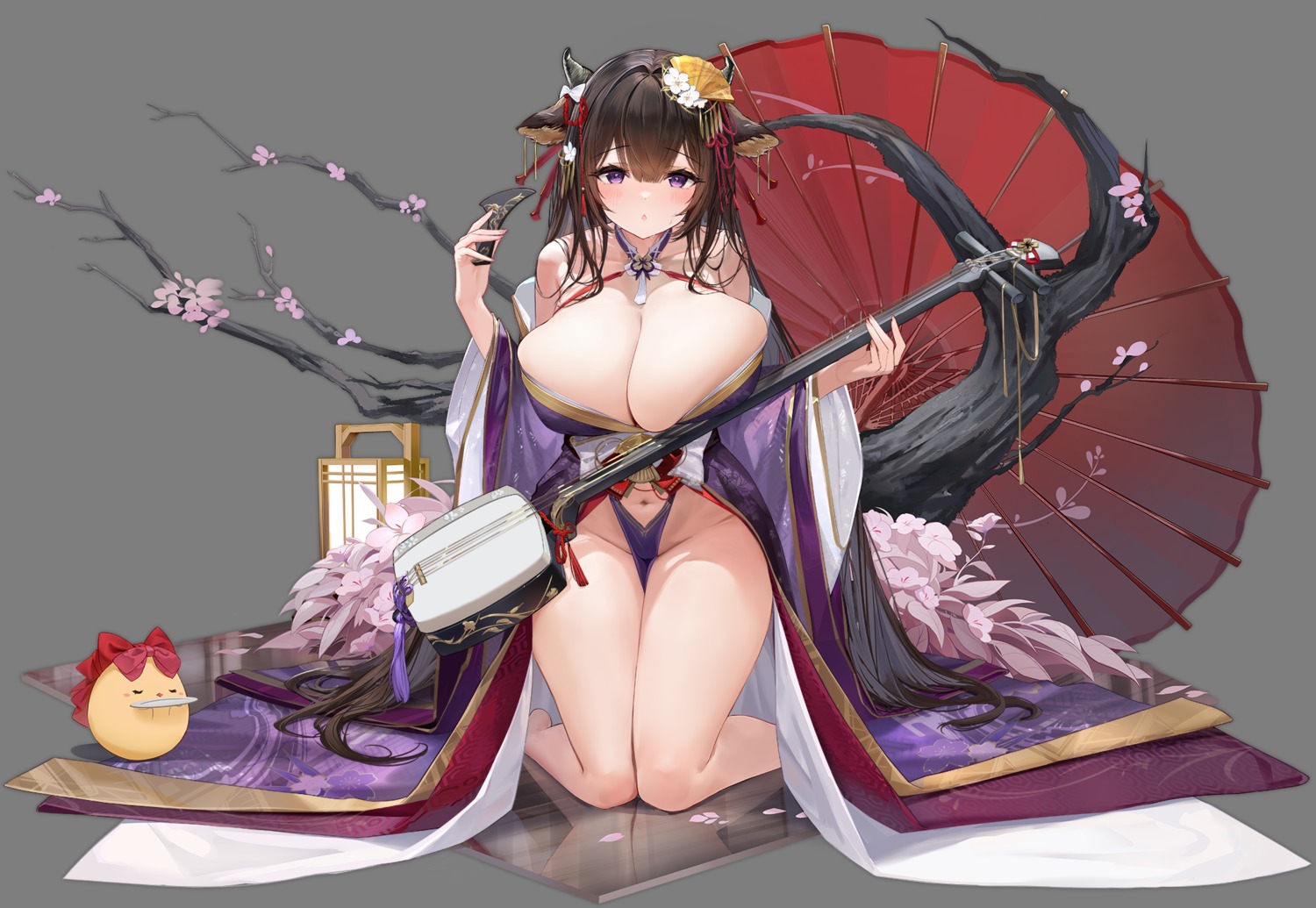 animal_ears azur_lane feifeifeihai horns japanese_clothes kashino_(azur_lane) manjuu_(azur_lane) no_bra nopan open_shirt transparent_png umbrella