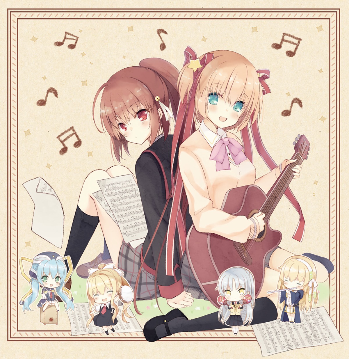 air angel_beats! chibi crossover disc_cover guitar harmonia hoshino_yumemi humuyun kamikita_komari kamio_misuzu key little_busters! natsume_rin planetarian seifuku shiona_(harmonia) skirt_lift sweater tachibana_kanade