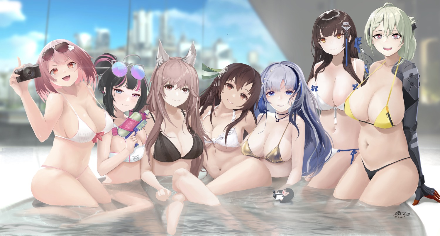 animal_ears bikini bikini_top bottomless delacey_(neural_cloud) girls_frontline girls_frontline_neural_cloud gun hubble_(neural_cloud) mecha_musume megane persica_(girls_frontline) qbz-95_(girls_frontline) swimsuits type_64_(girls_frontline) vee_(neural_cloud) vinsentyu wet willow_(neural_cloud)