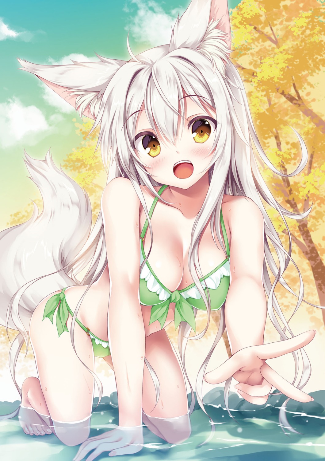 animal_ears bikini cleavage kitsune possible_duplicate swimsuits tail tateha wet