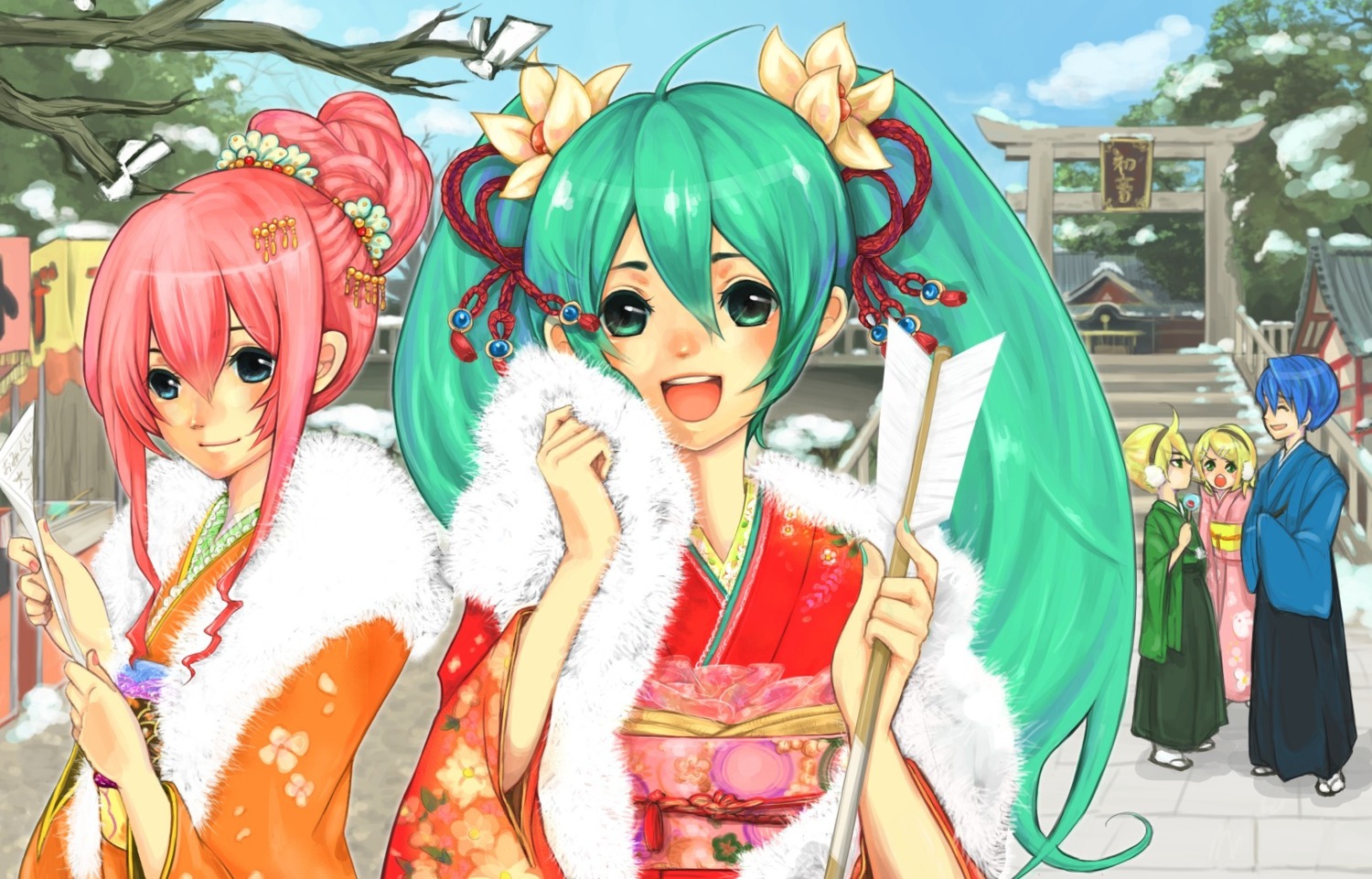 hatsune_miku japanese_clothes kagamine_len kagamine_rin kaito kimono mamomo megurine_luka vocaloid