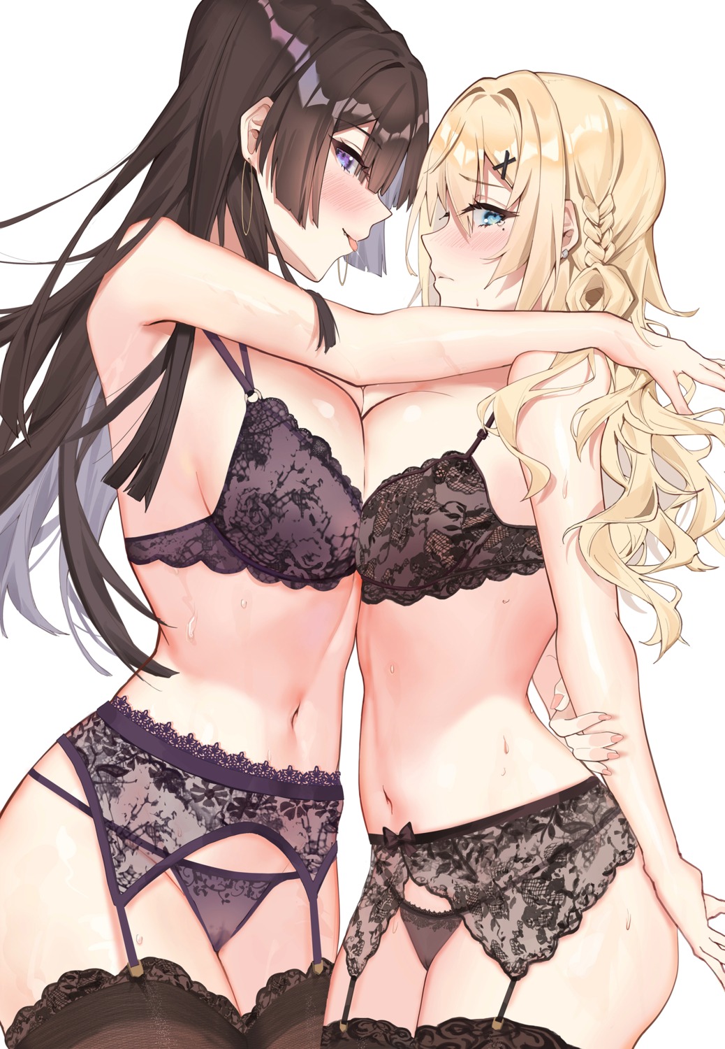 bra cameltoe fang_qiao garter_belt lingerie on'na_eshi pantsu see_through stockings symmetrical_docking thighhighs thong wet yuri