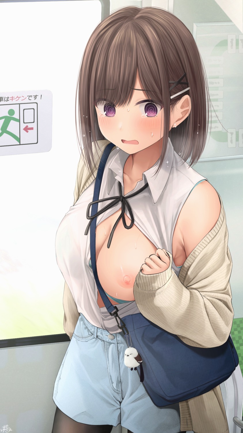 bra breasts nipples open_shirt osananajimi-chan_(ramchi) pantyhose ramchi sweater undressing