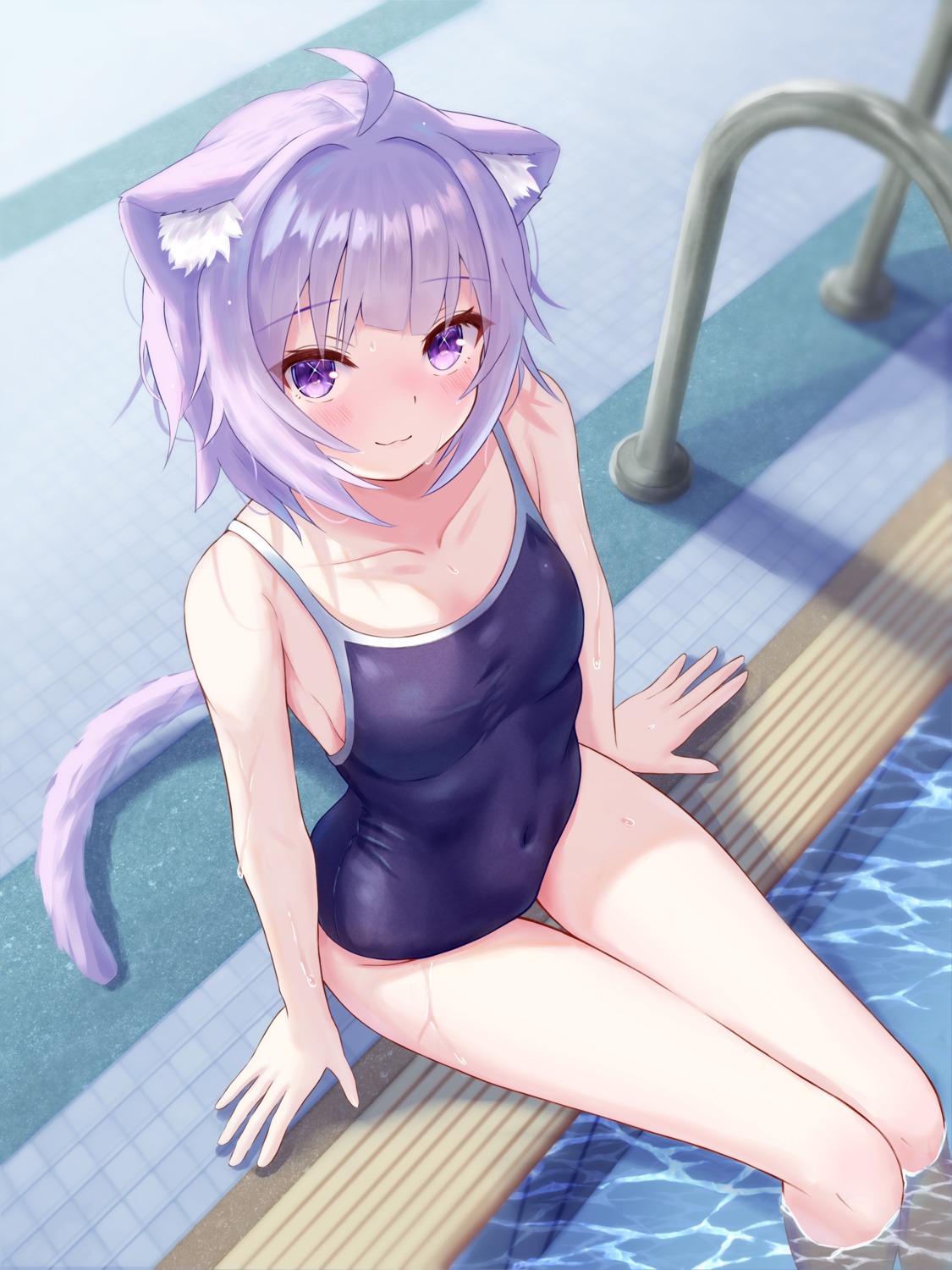 animal_ears hololive hololive_gamers nekomata_okayu nekomimi school_swimsuit swimsuits tail togemaru wet wet_clothes