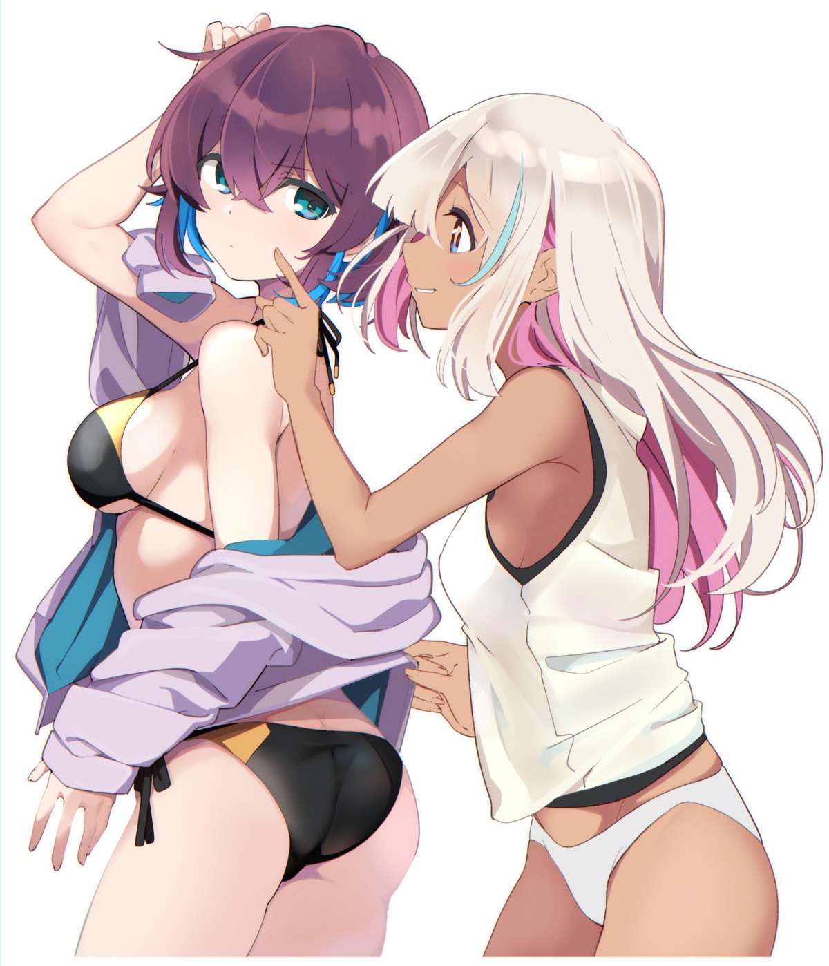 ass bikini kazenoko open_shirt swimsuits yuri