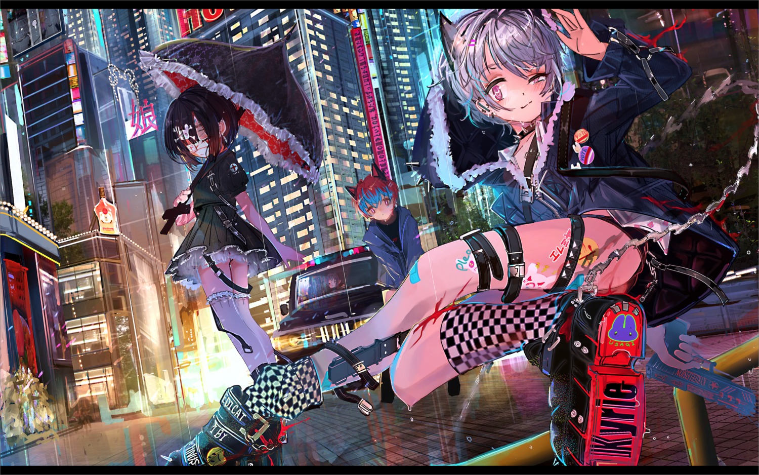 animal_ears garter tattoo thighhighs tokikosann umbrella