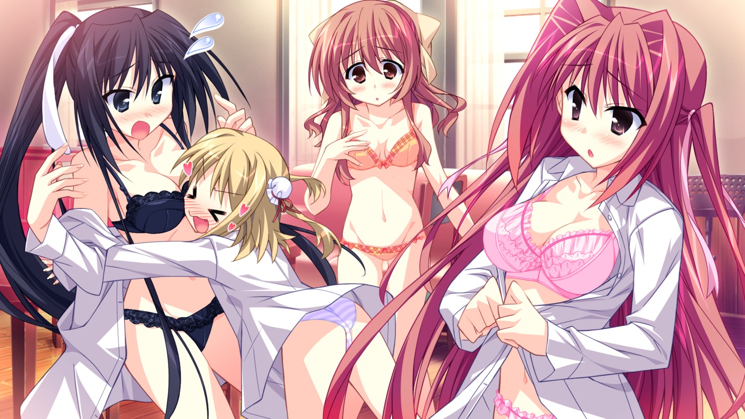 bra cleavage game_cg hinata_mutsuki izumi_kyouka kouda_hazumi matsuoka_kanade natsume_otona open_shirt pantsu shimapan skyfish yotsuiro_passionato!