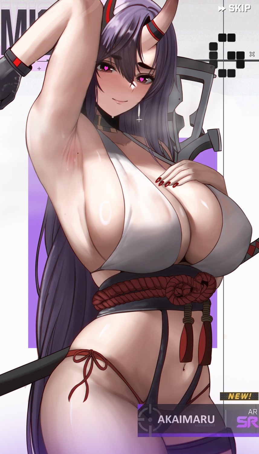 edmun garter goddess_of_victory:_nikke horns japanese_clothes no_bra pantsu see_through string_panties sword