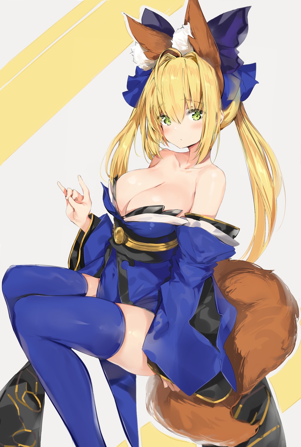 animal_ears cosplay fate/extra fate/grand_order fate/stay_night japanese_clothes no_bra open_shirt saber_extra silver_(chenwen) tail tamamo_no_mae thighhighs