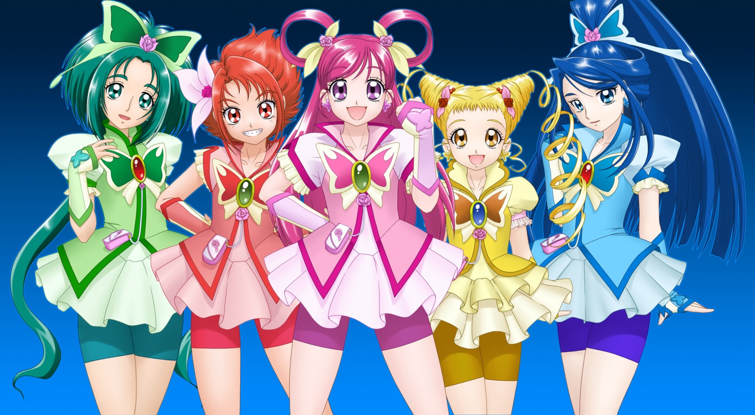 akimoto_komachi bike_shorts delica dress kasugano_urara minazuki_karen natsuki_rin pretty_cure yes!_precure_5 yumehara_nozomi