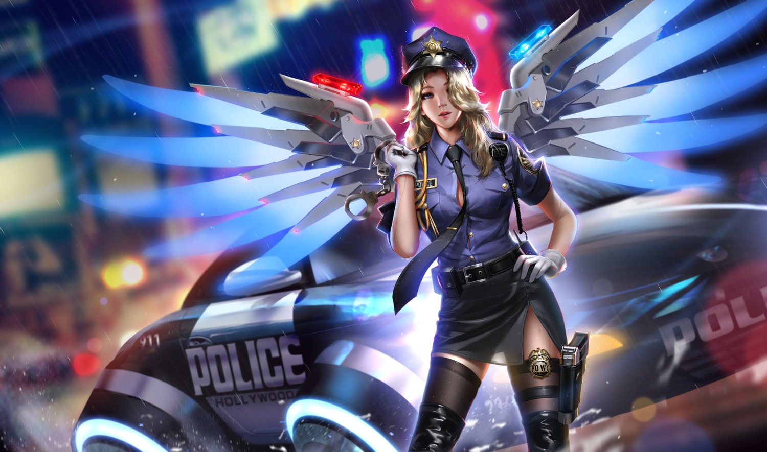 garter gun liang_xing mercy_(overwatch) overwatch police_uniform thighhighs wings