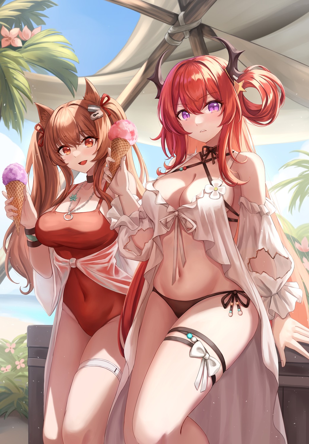 angelina_(arknights) animal_ears arknights bikini daisy_cutter garter horns see_through surtr_(arknights) swimsuits