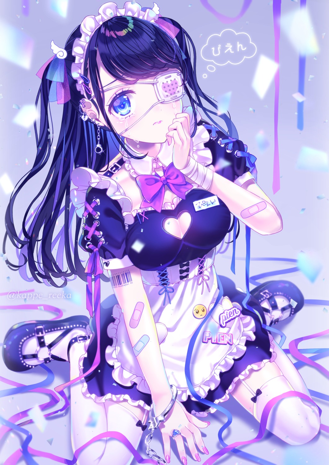 bandages bandaid cleavage eyepatch maid reekaruru stockings tattoo thighhighs