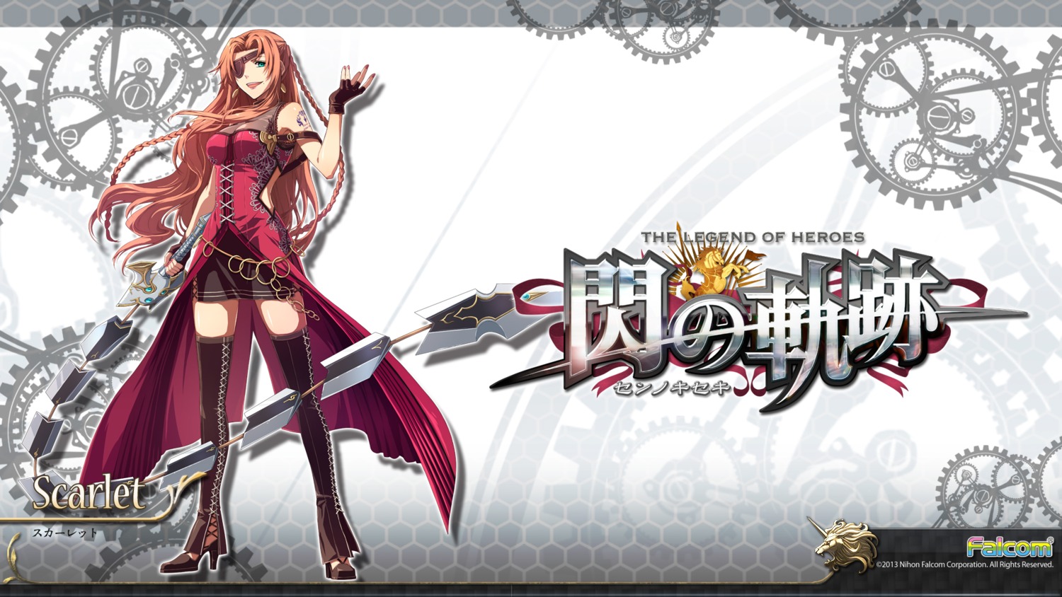 dress eiyuu_densetsu eiyuu_densetsu:_sen_no_kiseki enami_katsumi eyepatch falcom scarlet thighhighs wallpaper weapon